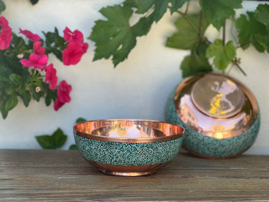 Handmade Persian Turquoise Inlaid Copper (Firoozeh Koobi) bowl. A unique decorative art piece, perfect for home décor, gifts, or collectibles.