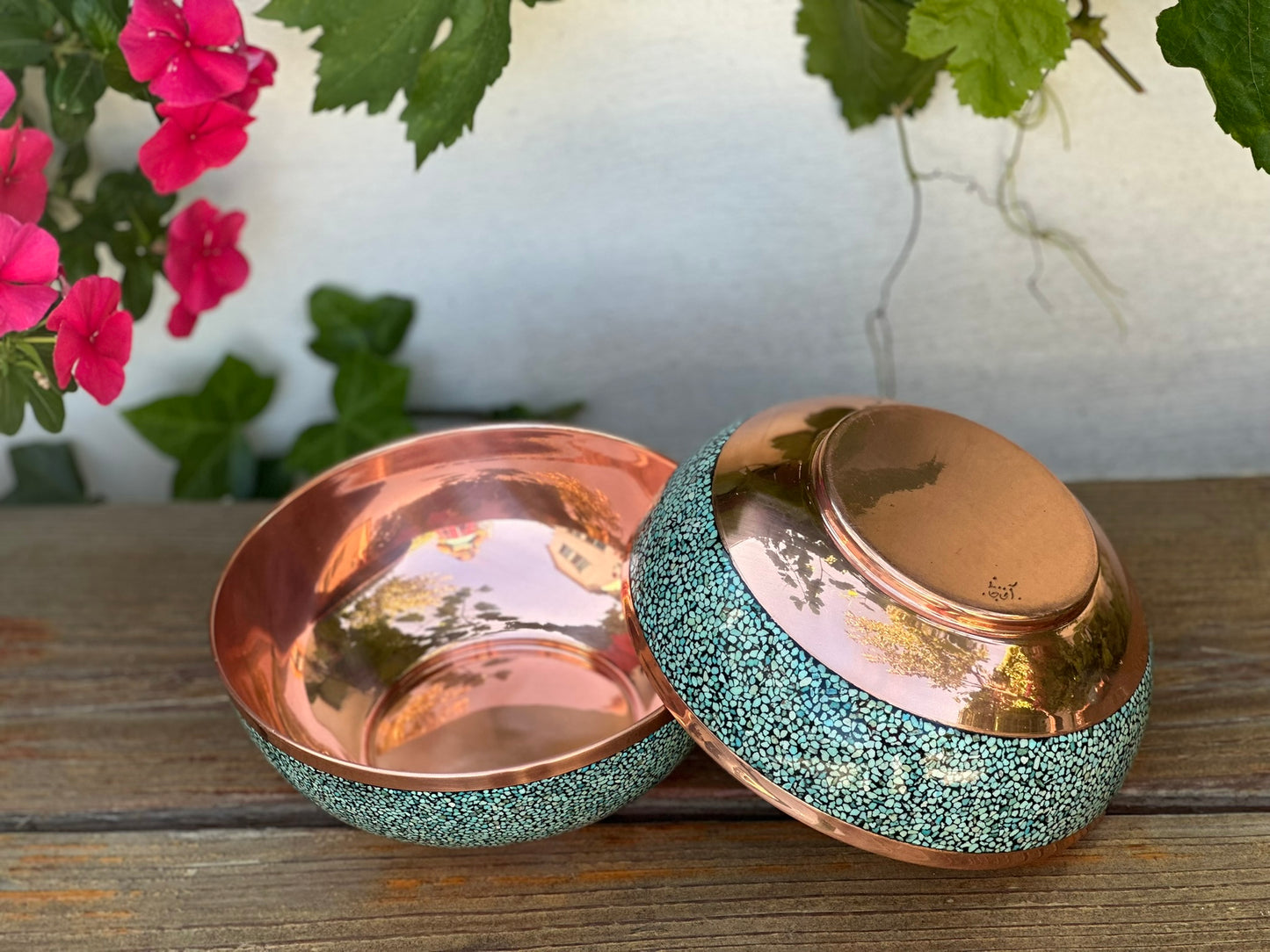 Handmade Persian Turquoise Inlaid Copper (Firoozeh Koobi) bowl. A unique decorative art piece, perfect for home décor, gifts, or collectibles.