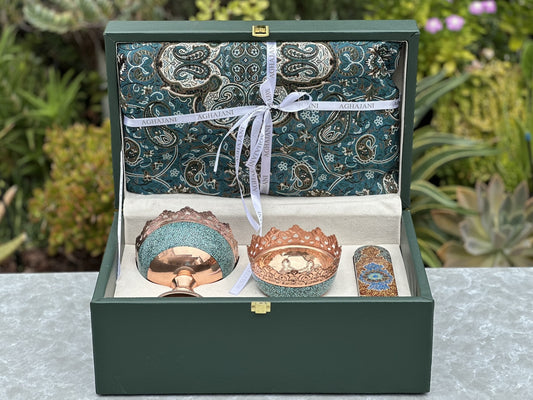 Handmade Persian Turquoise Inlaid Copper (Firoozeh Koobi) bowl gift box. A handmade decorative centerpiece, perfect for gifts or home décor.