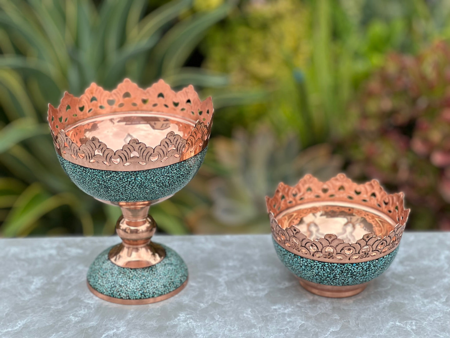 Handmade Persian Turquoise Inlaid Copper (Firoozeh Koobi) bowl gift box. A handmade decorative centerpiece, perfect for gifts or home décor.