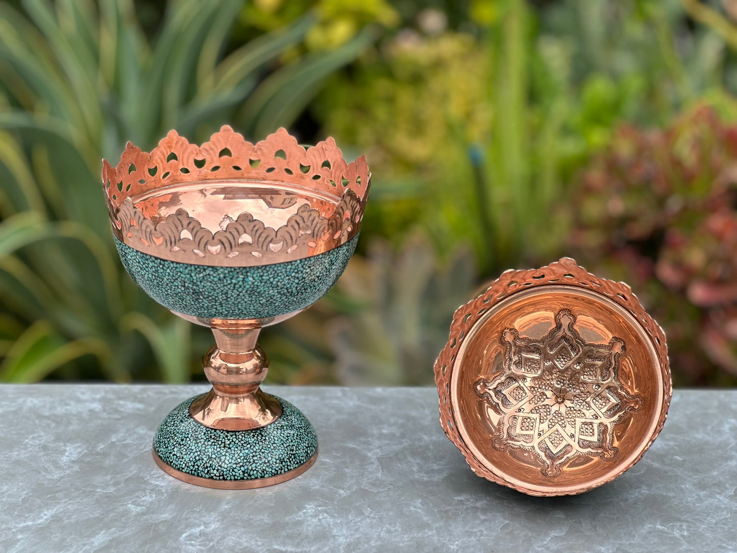 Handmade Persian Turquoise Inlaid Copper (Firoozeh Koobi) bowl gift box. A handmade decorative centerpiece, perfect for gifts or home décor.