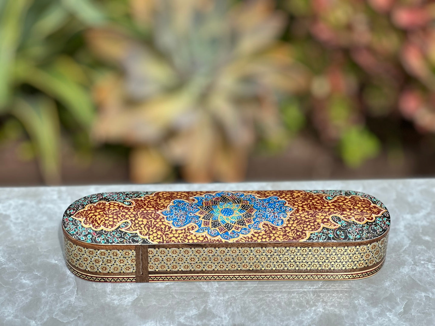 Handmade Persian Turquoise Inlaid Copper (Firoozeh Koobi) bowl gift box. A handmade decorative centerpiece, perfect for gifts or home décor.