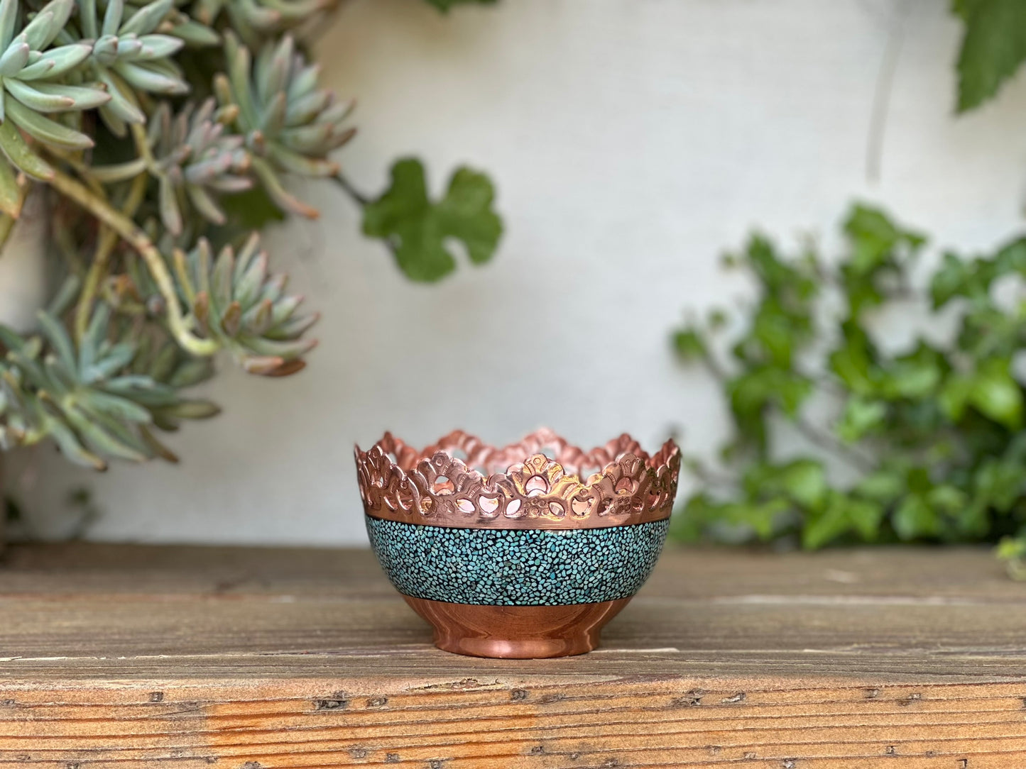 Handmade Persian Turquoise Inlaid Copper (Firoozeh Koobi) bowl. A unique decorative art piece, perfect for home décor, gifts, or collectibles.