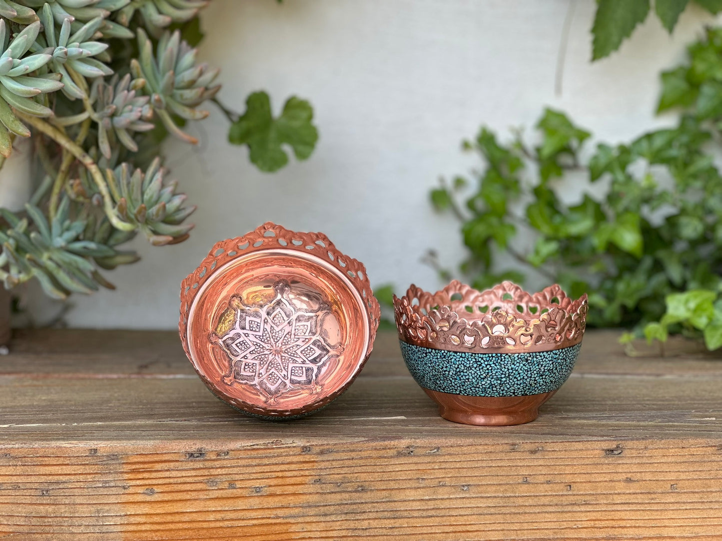 Handmade Persian Turquoise Inlaid Copper (Firoozeh Koobi) bowl. A unique decorative art piece, perfect for home décor, gifts, or collectibles.