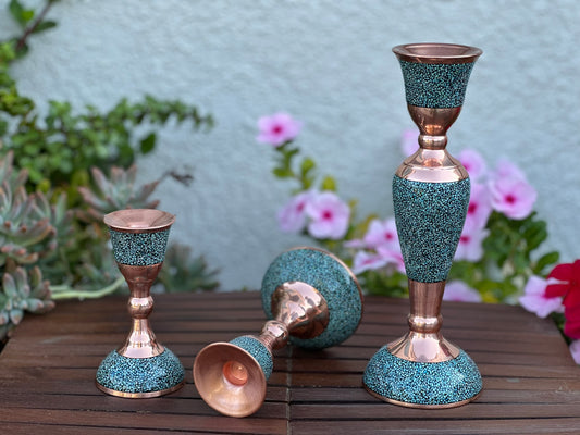 Elegant Persian Turquoise Inlaid Copper (Firoozeh Koobi) candlestick. Handmade décor piece, ideal for gifts, home decoration, or collectible art.