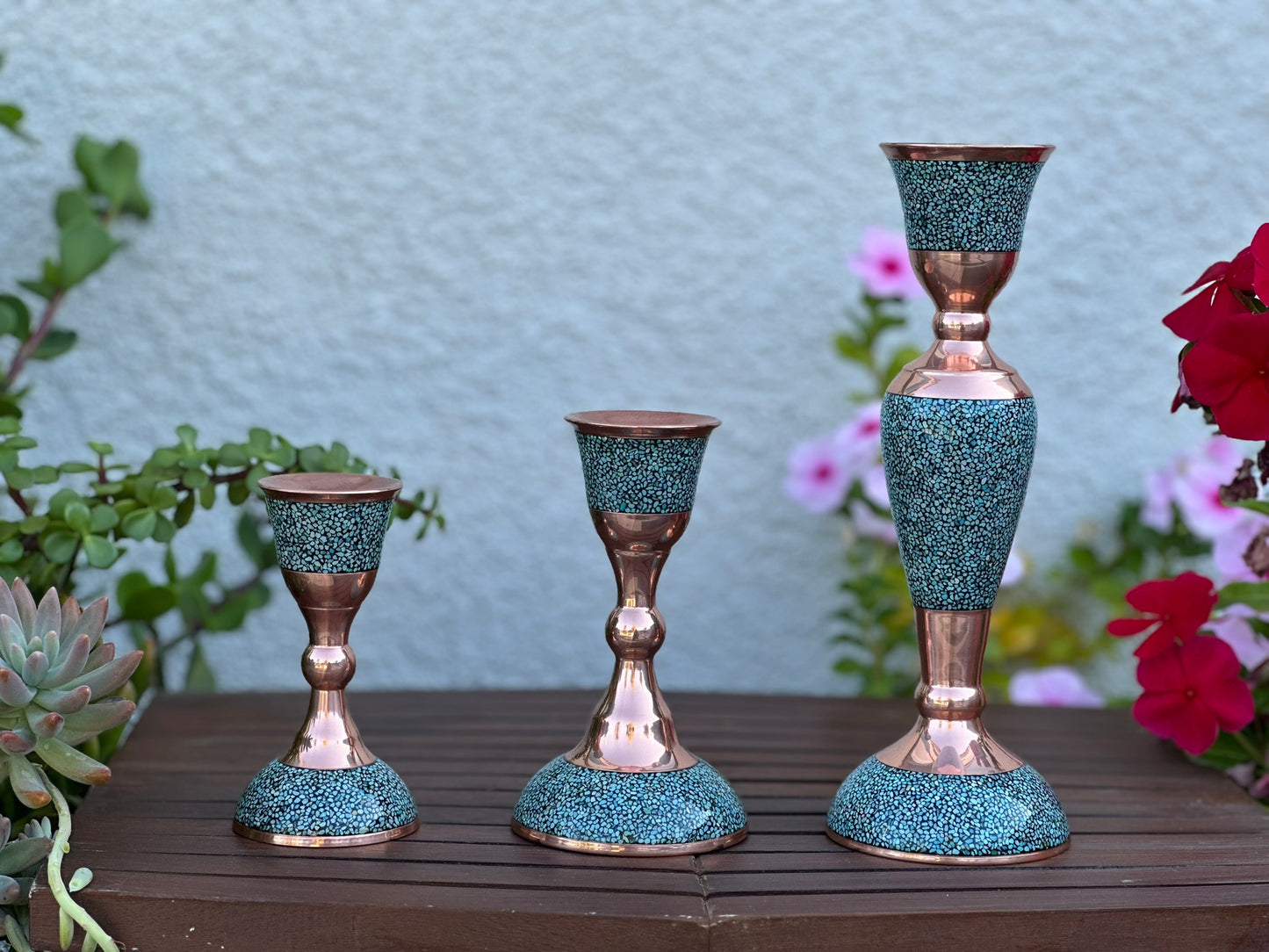 Elegant Persian Turquoise Inlaid Copper (Firoozeh Koobi) candlestick. Handmade décor piece, ideal for gifts, home decoration, or collectible art.