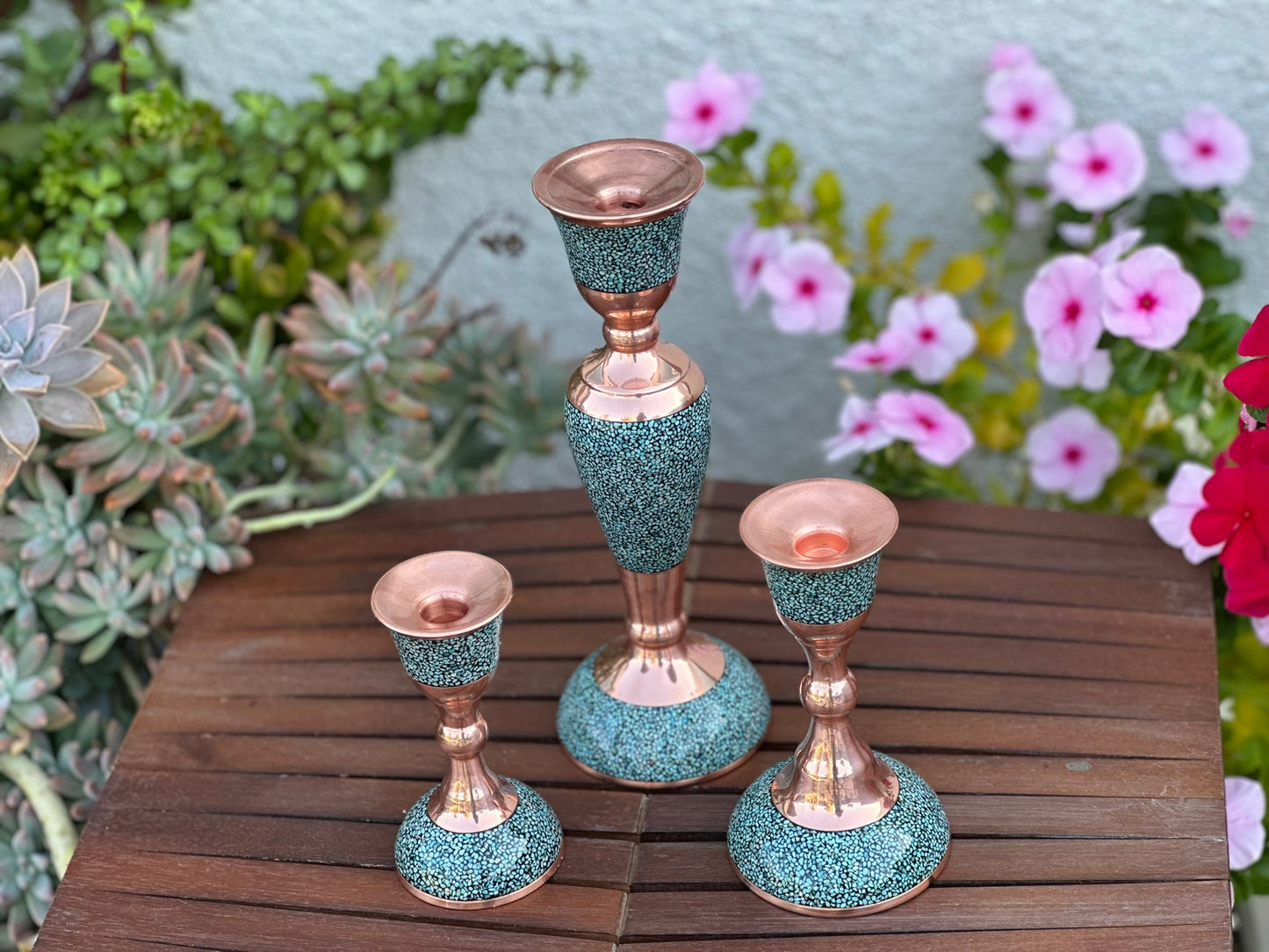 Elegant Persian Turquoise Inlaid Copper (Firoozeh Koobi) candlestick. Handmade décor piece, ideal for gifts, home decoration, or collectible art.