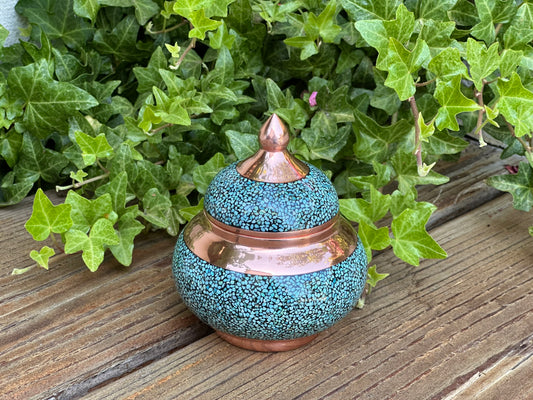 Handmade Persian Turquoise Inlaid Copper (Firoozeh Koobi) Sugar Pot. A unique decorative art piece, perfect for home décor, gifts, or collectibles.