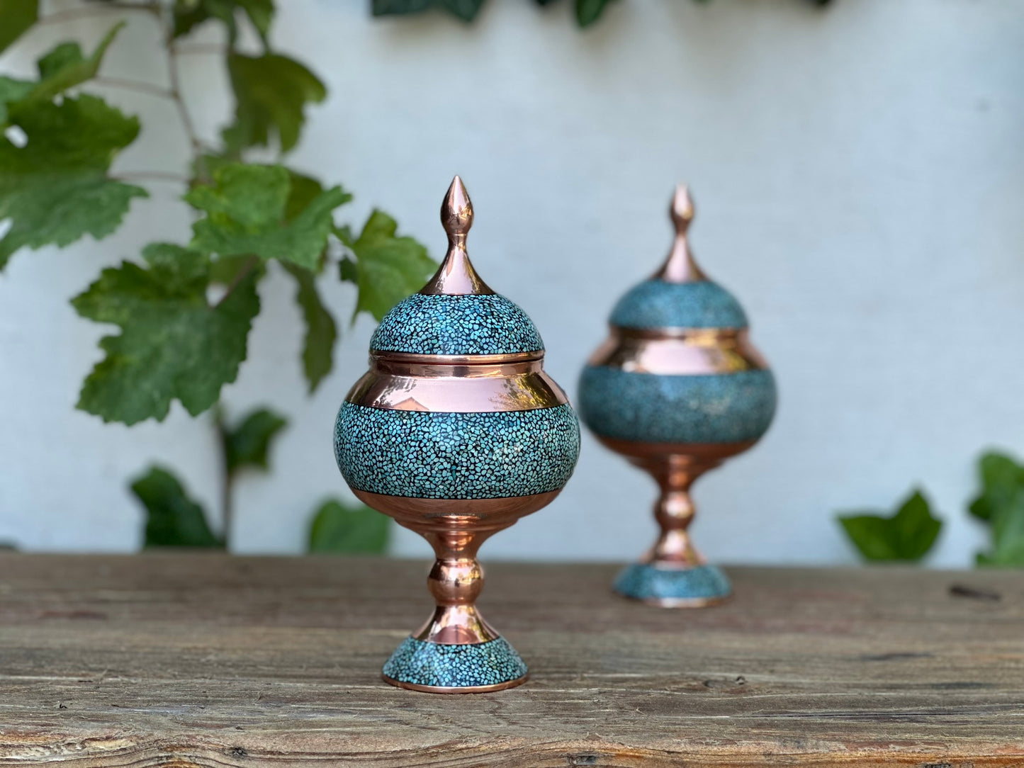 Handmade Persian Turquoise Inlaid Copper (Firoozeh Koobi) candy Pot. A unique decorative art piece, perfect for home décor, gifts, or collectibles.
