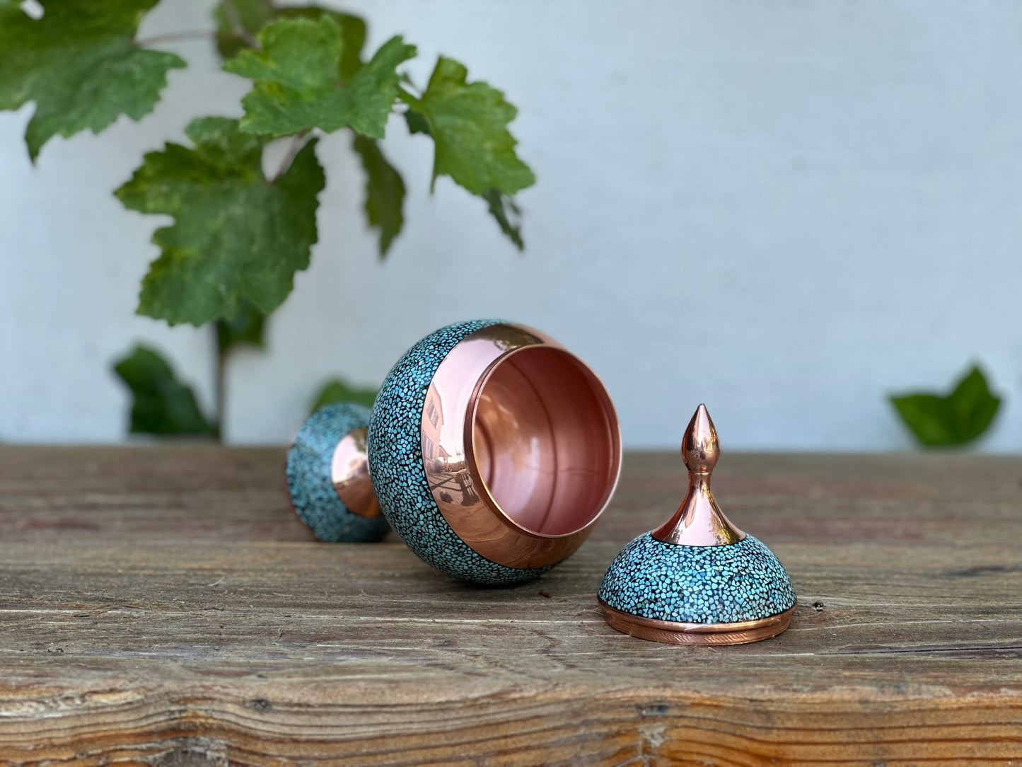 Handmade Persian Turquoise Inlaid Copper (Firoozeh Koobi) candy Pot. A unique decorative art piece, perfect for home décor, gifts, or collectibles.