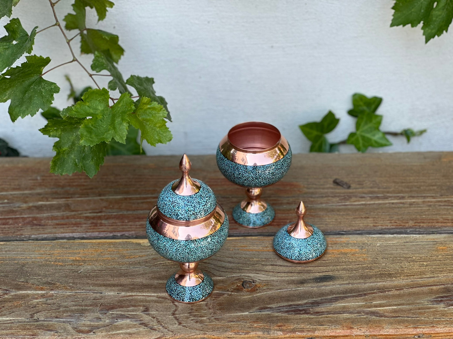 Handmade Persian Turquoise Inlaid Copper (Firoozeh Koobi) candy Pot. A unique decorative art piece, perfect for home décor, gifts, or collectibles.