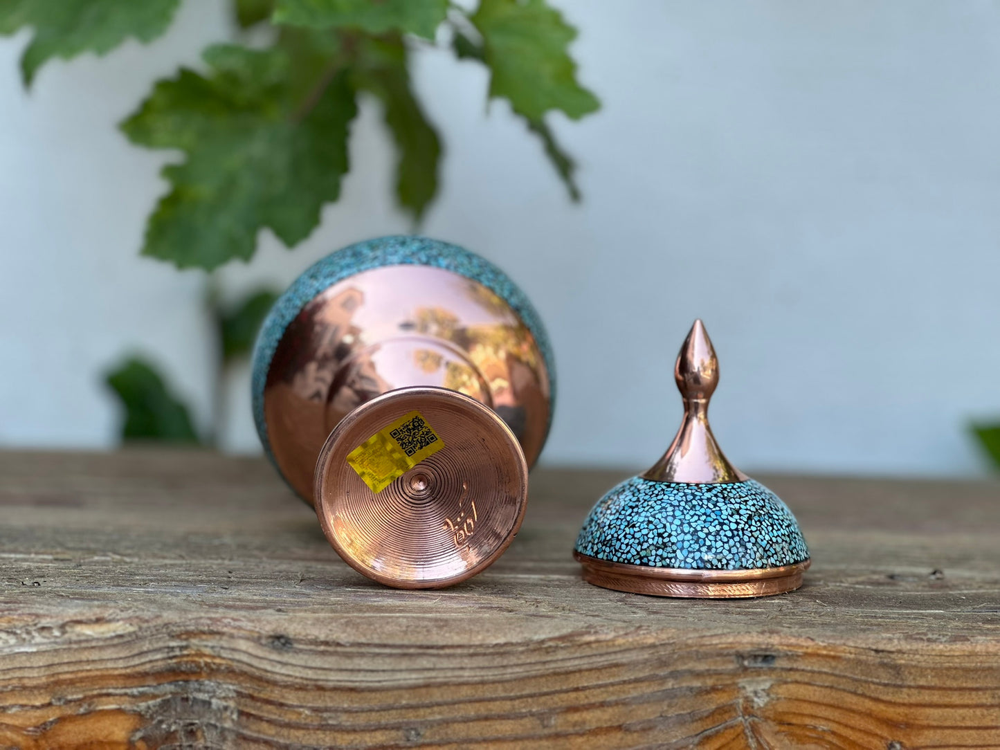 Handmade Persian Turquoise Inlaid Copper (Firoozeh Koobi) candy Pot. A unique decorative art piece, perfect for home décor, gifts, or collectibles.