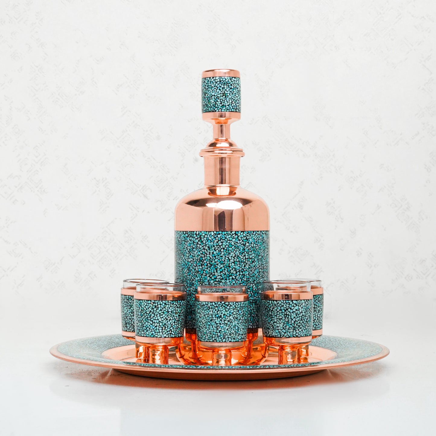 Handmade Persian Turquoise Inlaid Copper (Firoozeh Koobi) Miniature Decanter Gift Set. A handmade decorative centerpiece, perfect for gifts or home décor.