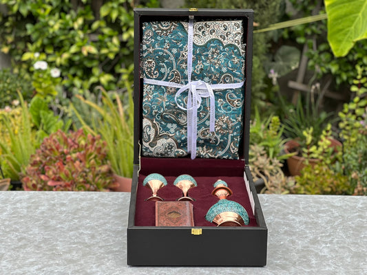 Handmade Persian Turquoise Inlaid Copper (Firoozeh Koobi) Decanter Gift Set. A handmade decorative centerpiece, perfect for gifts or home décor.