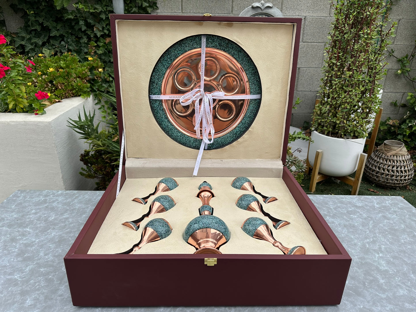 Handmade Persian Turquoise Inlaid Copper (Firoozeh Koobi) Wine Decanter Gift Set. A handmade decorative centerpiece, perfect for gifts or home décor.