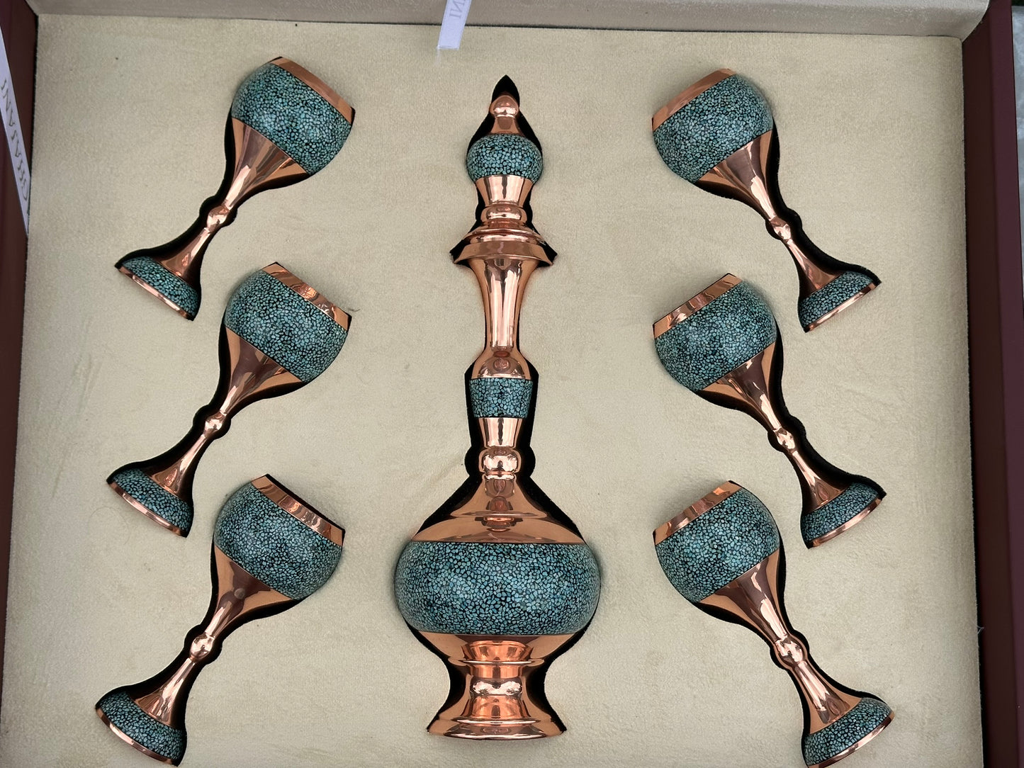 Handmade Persian Turquoise Inlaid Copper (Firoozeh Koobi) Wine Decanter Gift Set. A handmade decorative centerpiece, perfect for gifts or home décor.