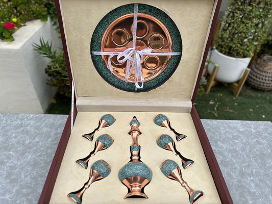 Handmade Persian Turquoise Inlaid Copper (Firoozeh Koobi) Wine Decanter Gift Set. A handmade decorative centerpiece, perfect for gifts or home décor.