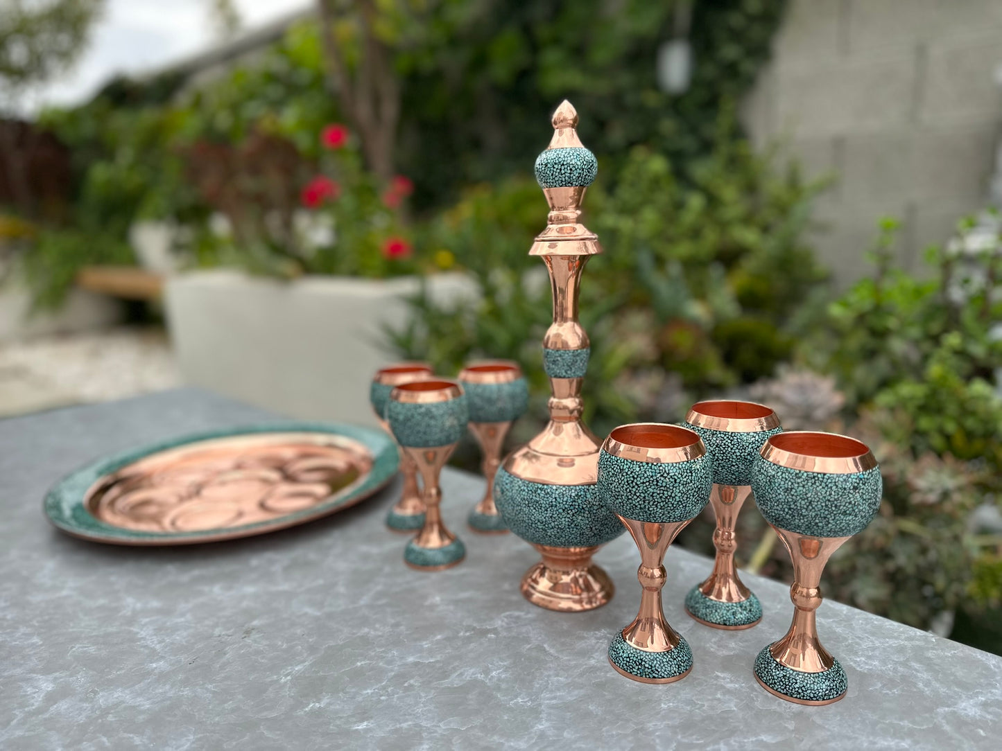 Handmade Persian Turquoise Inlaid Copper (Firoozeh Koobi) Wine Decanter Gift Set. A handmade decorative centerpiece, perfect for gifts or home décor.