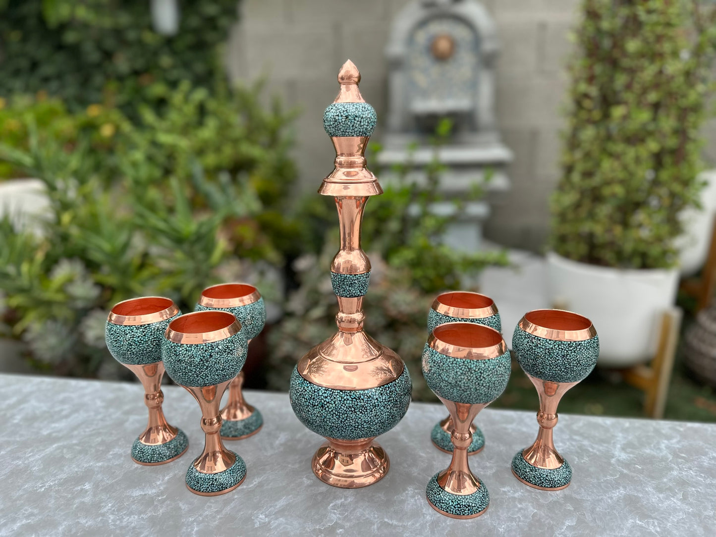 Handmade Persian Turquoise Inlaid Copper (Firoozeh Koobi) Wine Decanter Gift Set. A handmade decorative centerpiece, perfect for gifts or home décor.