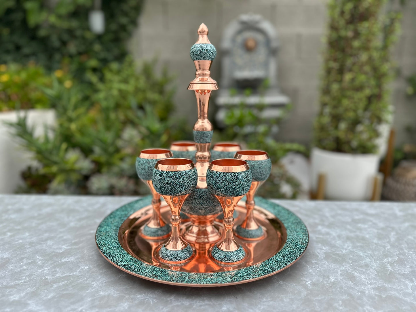 Handmade Persian Turquoise Inlaid Copper (Firoozeh Koobi) Wine Decanter Gift Set. A handmade decorative centerpiece, perfect for gifts or home décor.