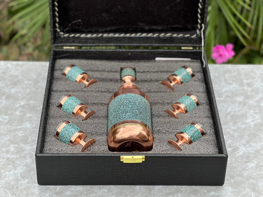 Handmade Persian Turquoise Inlaid Copper (Firoozeh Koobi) Miniature Decanter Gift Set. A handmade decorative centerpiece, perfect for gifts or home décor.