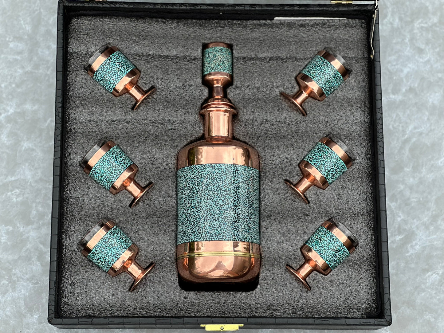 Handmade Persian Turquoise Inlaid Copper (Firoozeh Koobi) Miniature Decanter Gift Set. A handmade decorative centerpiece, perfect for gifts or home décor.