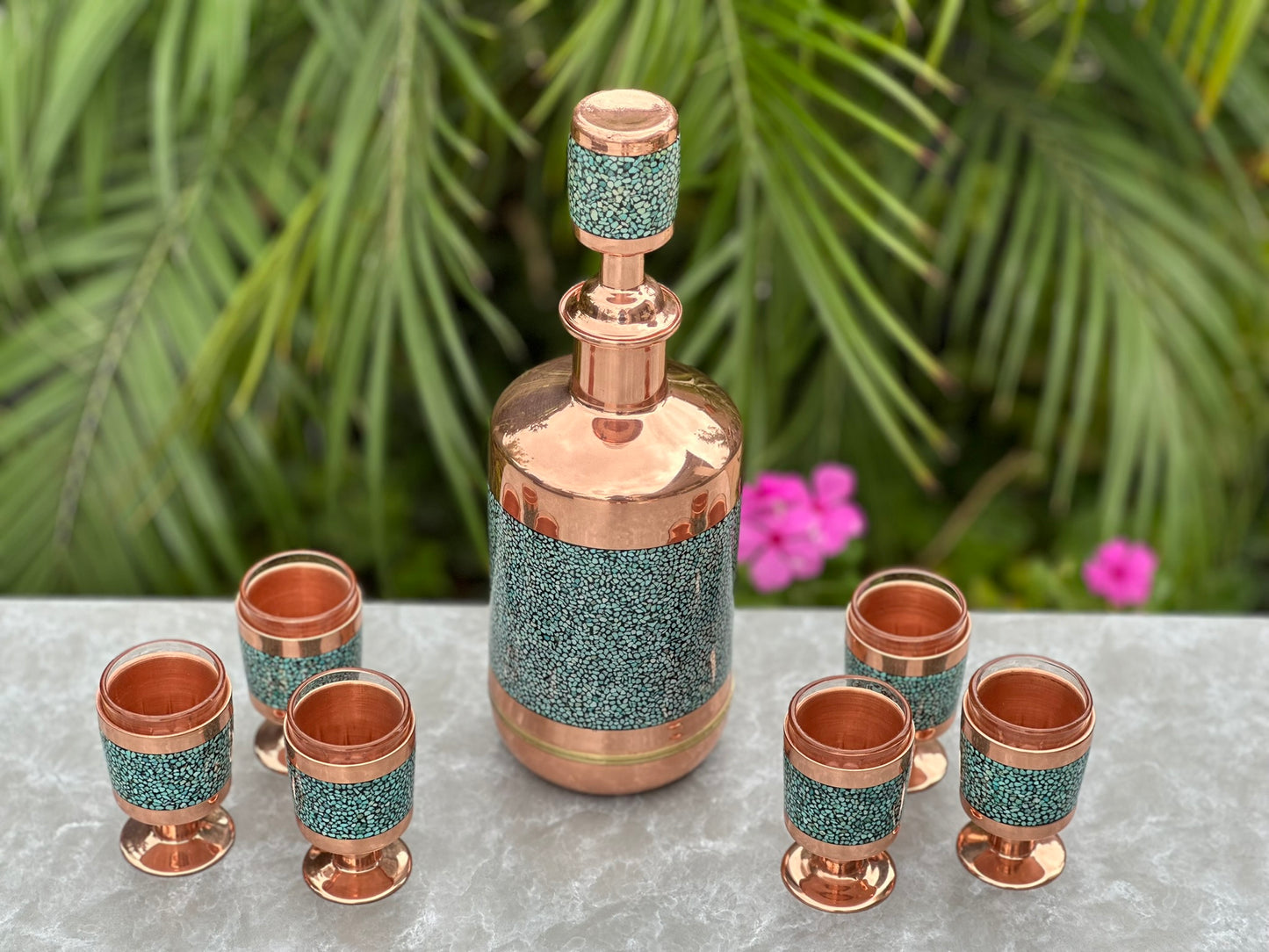 Handmade Persian Turquoise Inlaid Copper (Firoozeh Koobi) Miniature Decanter Gift Set. A handmade decorative centerpiece, perfect for gifts or home décor.