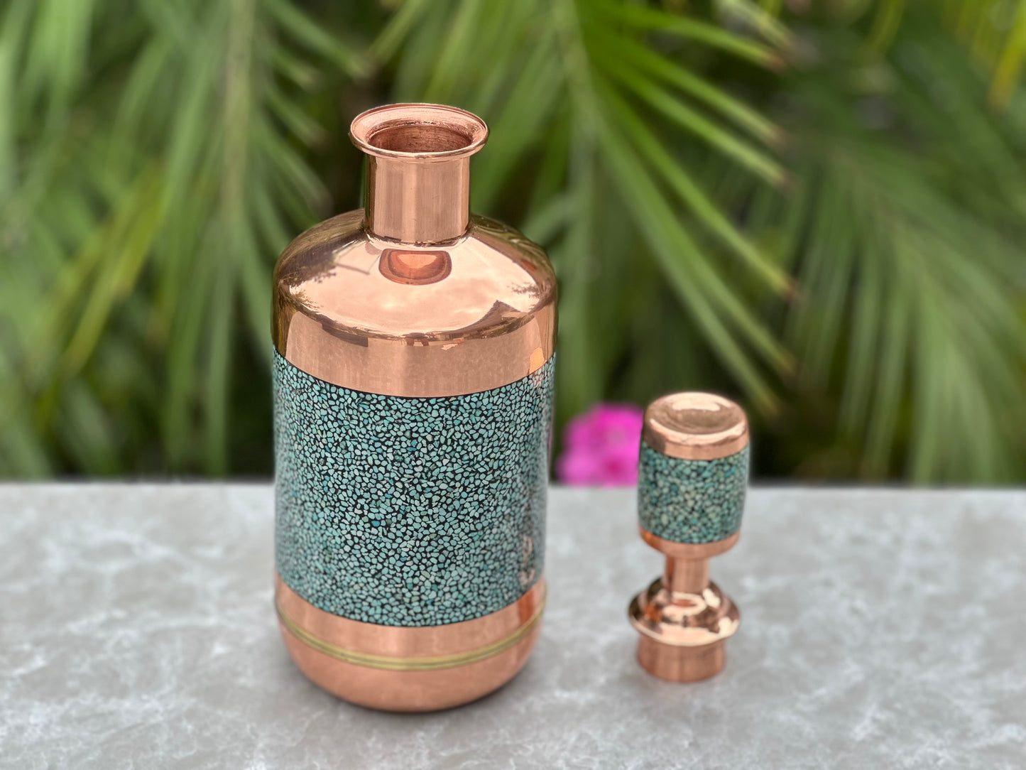 Handmade Persian Turquoise Inlaid Copper (Firoozeh Koobi) Miniature Decanter Gift Set. A handmade decorative centerpiece, perfect for gifts or home décor.