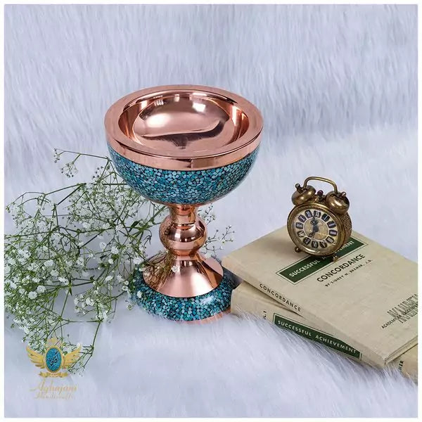Handmade Persian Turquoise Inlaid Copper (Firoozeh Koobi) bowl. A handmade decorative centerpiece, perfect for gifts or home décor.