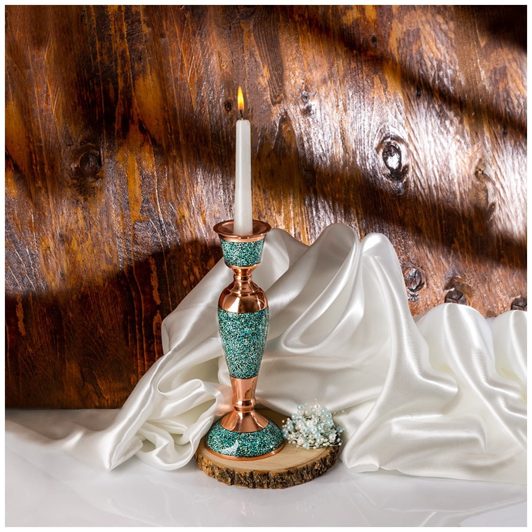 Elegant Persian Turquoise Inlaid Copper (Firoozeh Koobi) candlestick. Handmade décor piece, ideal for gifts, home decoration, or collectible art.