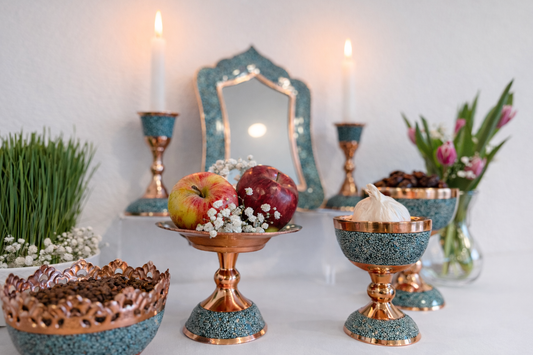 Handmade Persian turquoise inlay (Firoozeh Koobi) Haft-Seen (haftsin) Set . A unique decorative art piece, perfect for Nowrooz, home décor, gifts, or collectibles.