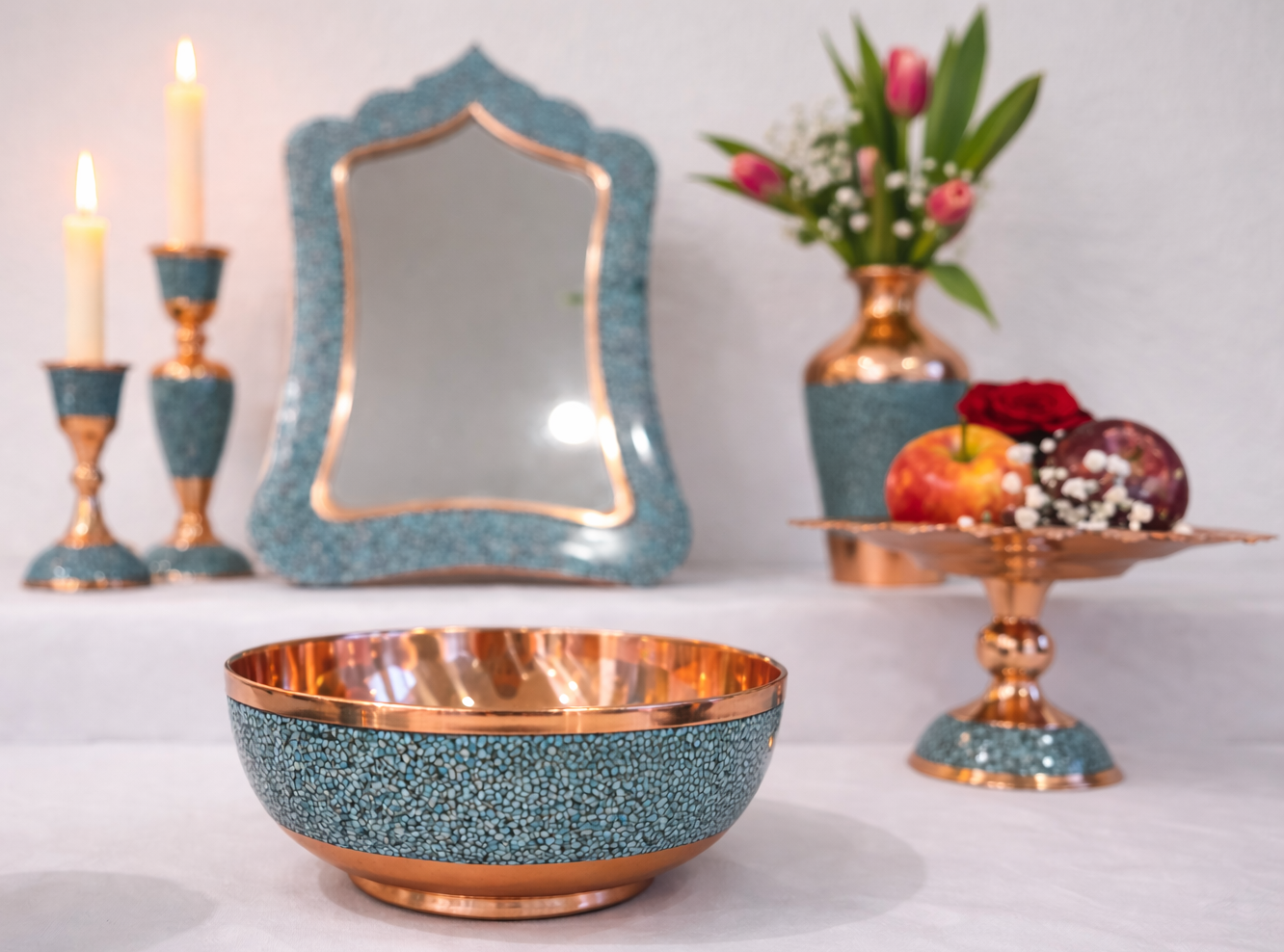 Handmade Persian turquoise inlay (Firoozeh Koobi) Haft-Seen (haftsin) Set . A unique decorative art piece, perfect for eid, home décor, gifts, or collectibles.