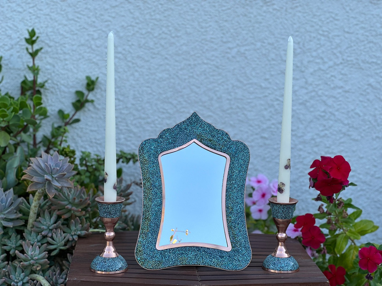 Elegant Persian Turquoise Inlaid Copper (Firoozeh Koobi) candlestick. Handmade décor piece, ideal for gifts, home decoration, or collectible art.