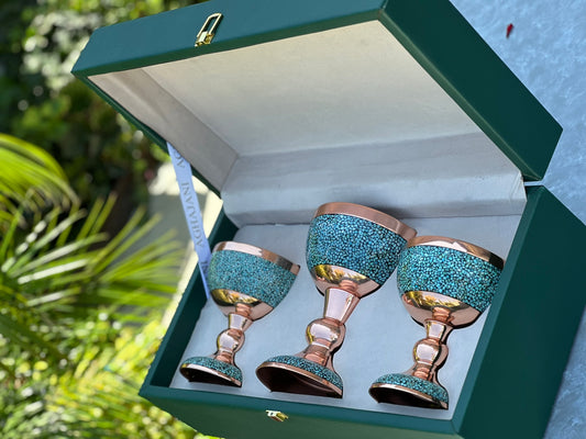 Handmade Persian Turquoise Inlaid Copper (Firoozeh Koobi) bowl gift box. A handmade decorative centerpiece, perfect for gifts or home décor.