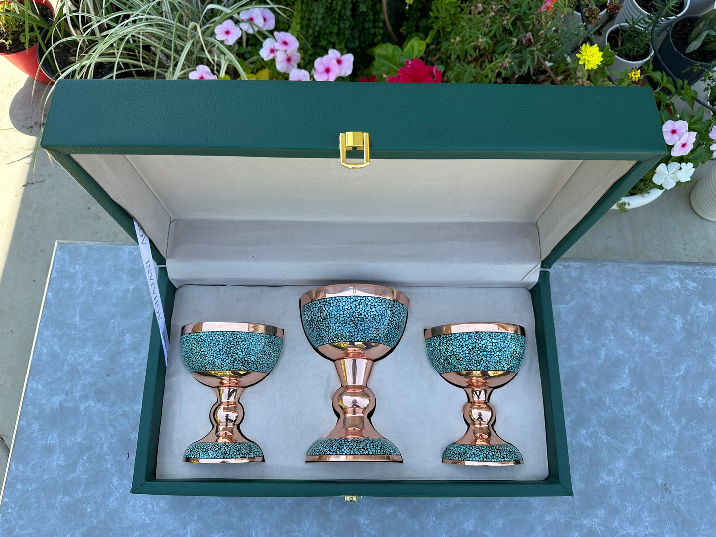 Handmade Persian Turquoise Inlaid Copper (Firoozeh Koobi) bowl gift box. A handmade decorative centerpiece, perfect for gifts or home décor.