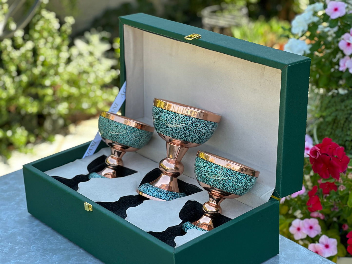 Handmade Persian Turquoise Inlaid Copper (Firoozeh Koobi) bowl gift box. A handmade decorative centerpiece, perfect for gifts or home décor.