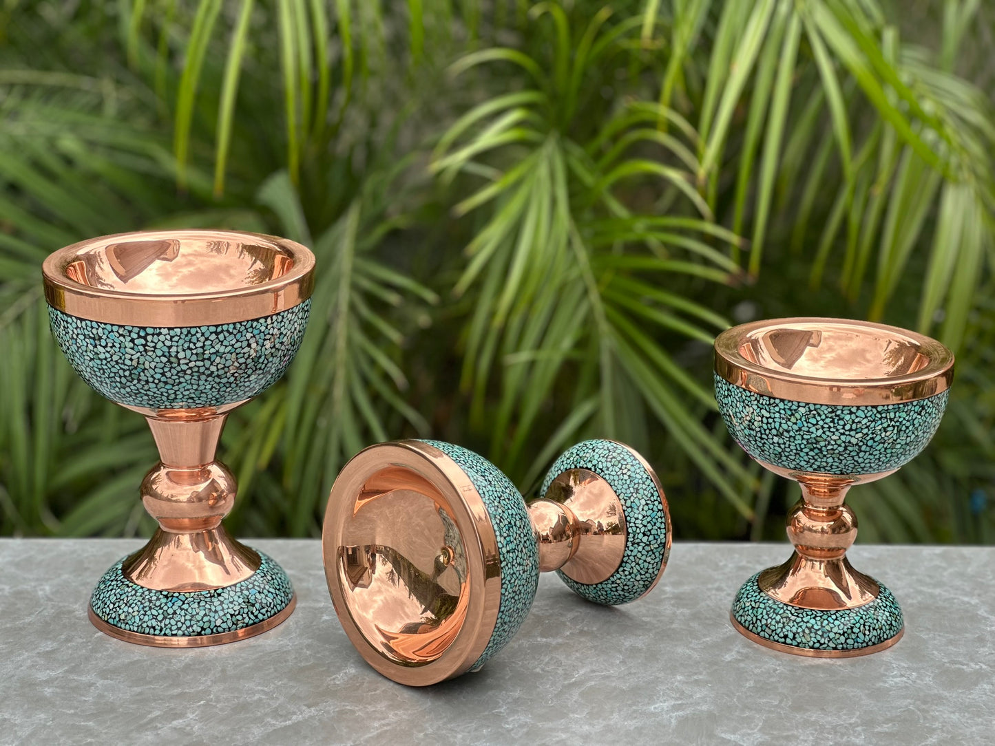 Handmade Persian Turquoise Inlaid Copper (Firoozeh Koobi) bowl gift box. A handmade decorative centerpiece, perfect for gifts or home décor.