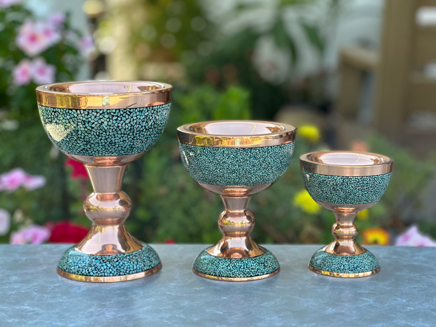 Handmade Persian Turquoise Inlaid Copper (Firoozeh Koobi) bowl. A handmade decorative centerpiece, perfect for gifts or home décor.