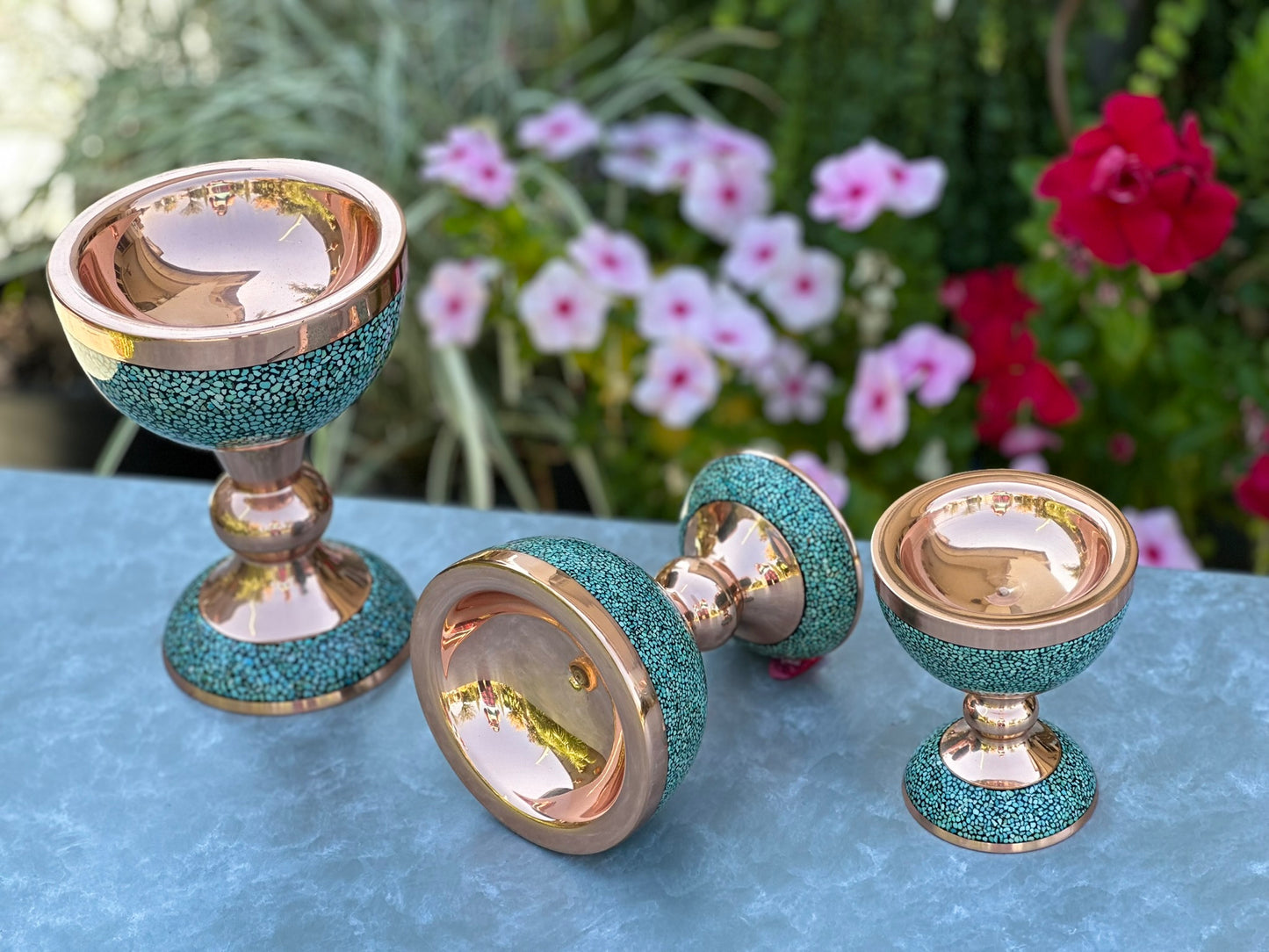 Handmade Persian Turquoise Inlaid Copper (Firoozeh Koobi) bowl. A handmade decorative centerpiece, perfect for gifts or home décor.