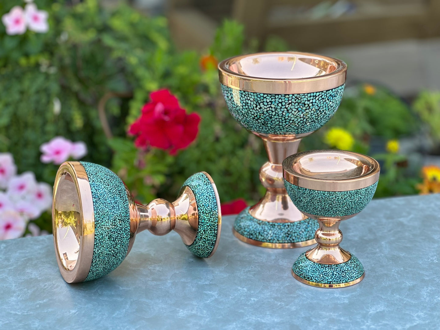 Handmade Persian Turquoise Inlaid Copper (Firoozeh Koobi) bowl. A handmade decorative centerpiece, perfect for gifts or home décor.
