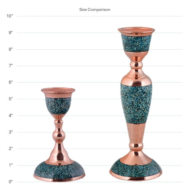 Elegant Persian Turquoise Inlaid Copper (Firoozeh Koobi) candlestick. Handmade décor piece, ideal for gifts, home decoration, or collectible art.
