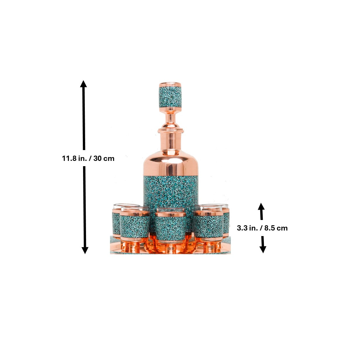 Handmade Persian Turquoise Inlaid Copper (Firoozeh Koobi) Miniature Decanter Gift Set. A handmade decorative centerpiece, perfect for gifts or home décor.