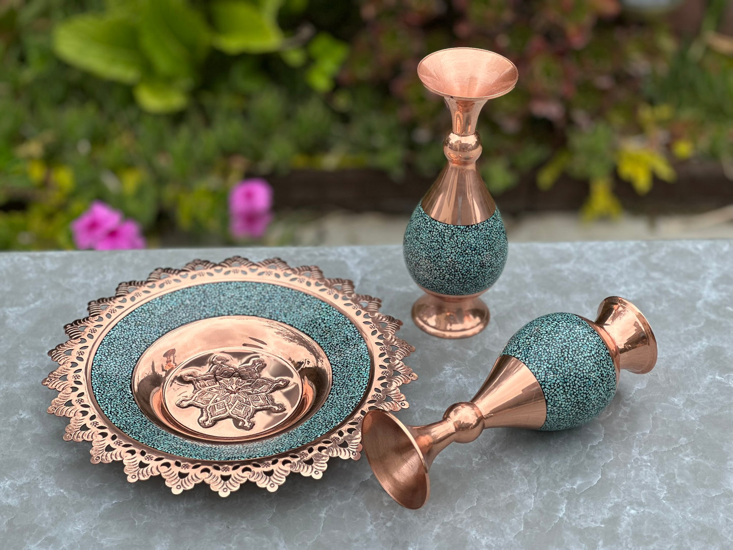 Handmade Persian Turquoise Inlaid Copper (Firoozeh Koobi) Vase and Plate Gift set. A unique decorative art piece, perfect for home décor, gifts, or collectibles.
