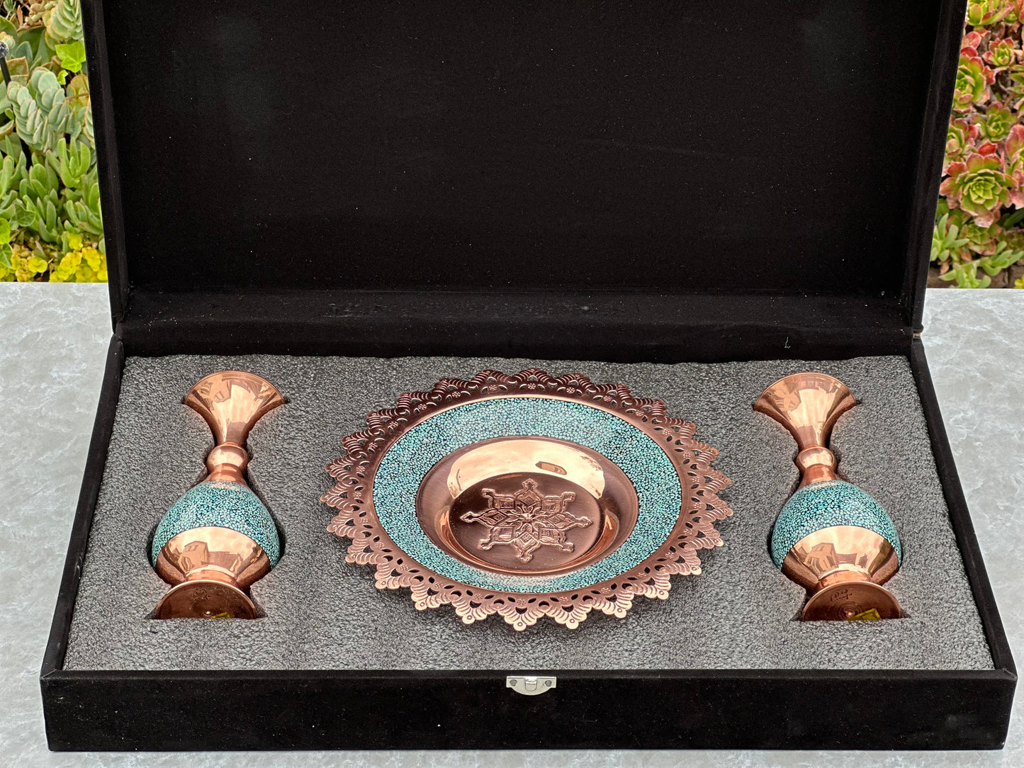 Handmade Persian Turquoise Inlaid Copper (Firoozeh Koobi) Vase and Plate Gift set. A unique decorative art piece, perfect for home décor, gifts, or collectibles.
