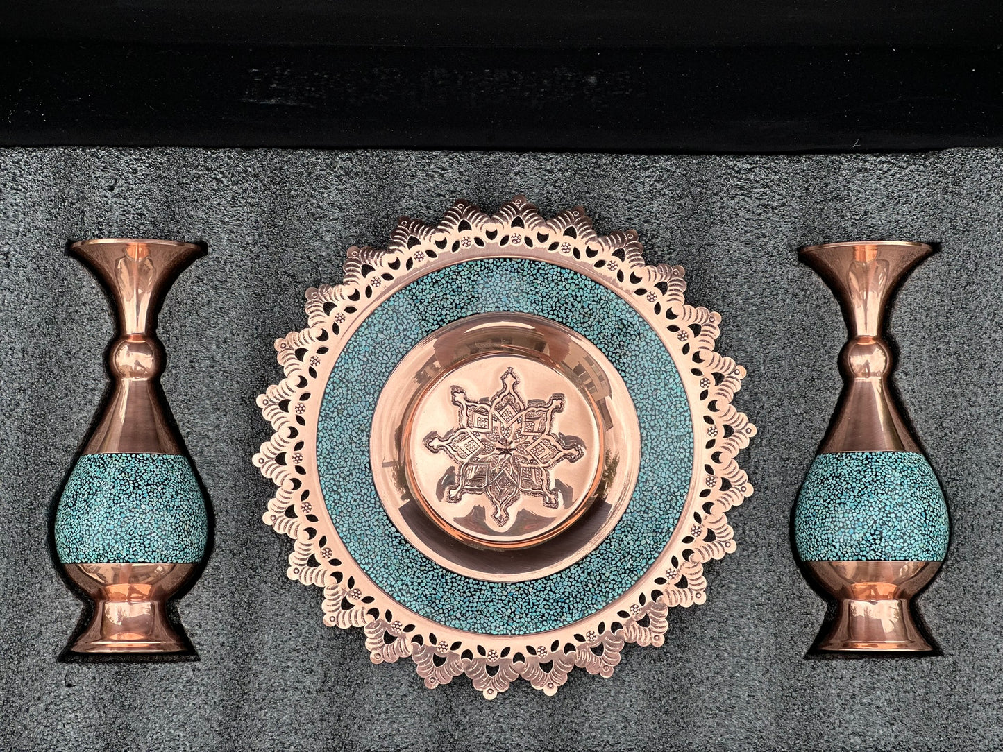 Handmade Persian Turquoise Inlaid Copper (Firoozeh Koobi) Vase and Plate Gift set. A unique decorative art piece, perfect for home décor, gifts, or collectibles.