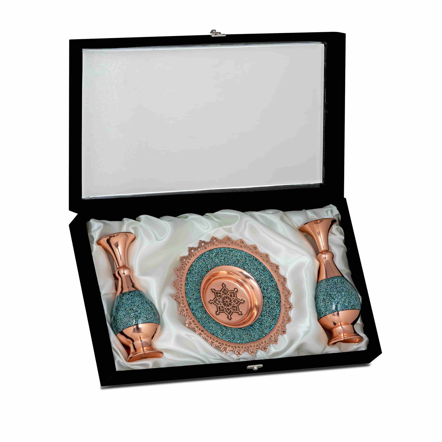 Handmade Persian Turquoise Inlaid Copper (Firoozeh Koobi) Vase and Plate Gift set. A unique decorative art piece, perfect for home décor, gifts, or collectibles.