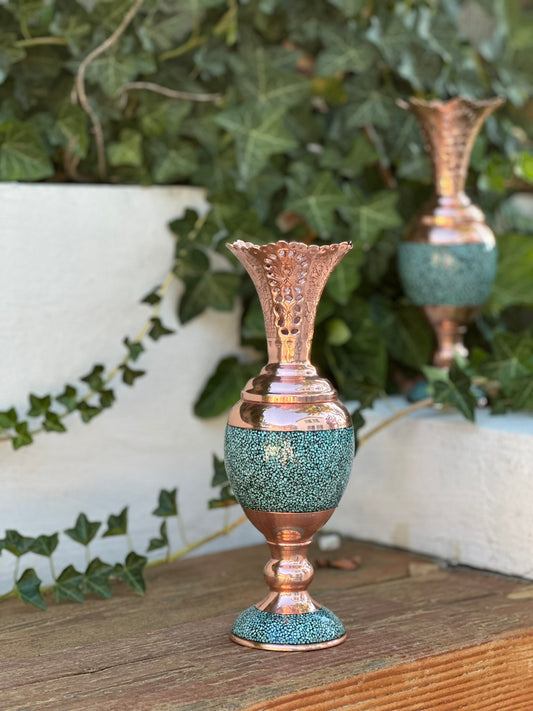 Handmade Persian Turquoise Inlaid Copper (Firoozeh Koobi) Hyacinth vase. A unique decorative art piece, perfect for home décor, gifts, or collectibles.