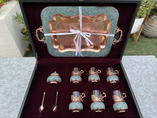 Handmade Persian Turquoise Inlaid Copper (Firoozeh Koobi) VIP Tea Gift Set. A handmade decorative centerpiece, perfect for gifts or home décor.