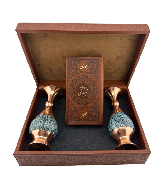 ست بوستان و گلستان سعدی با دو گلدان فیروزه - Bustan and Golestan Saadi Gift Set