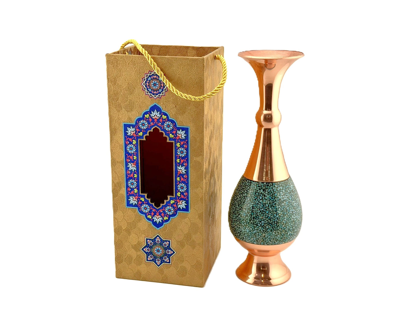 Turquoise Inlaid Copper (Firoozeh Koobi) Vase | گلدان صراحی فیروزه کوبی